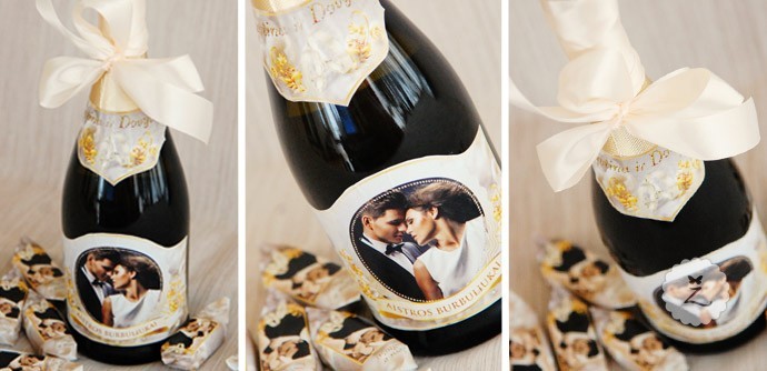 3 Individualus vestuvių šampano buteliai kartu su vestuvių saldainiais