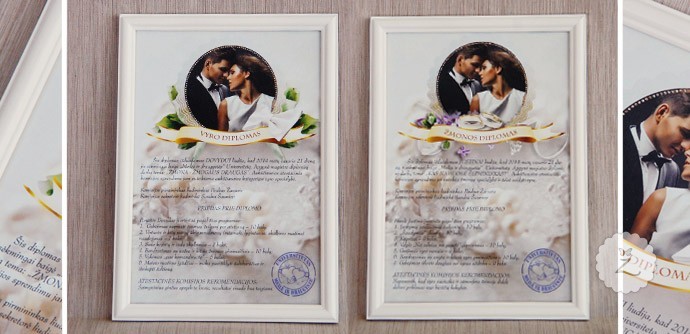 Įrėminti vestuvių vyro ir žmonos diplomas su tekstais ir nuotraukomis