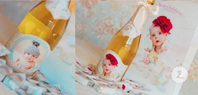 Individualus krikštynų šampano butelis kartu su krikštynų saldainiais
